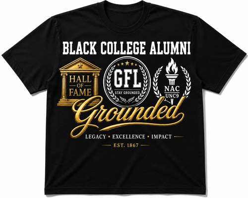 A black short-sleeve t-shirt with a graphic print on the front. The graphic features white text reading 'BLACK COLLEGE ALUMNI' above three gold and white emblem designs, with 'Grounded' in large gold script below.
