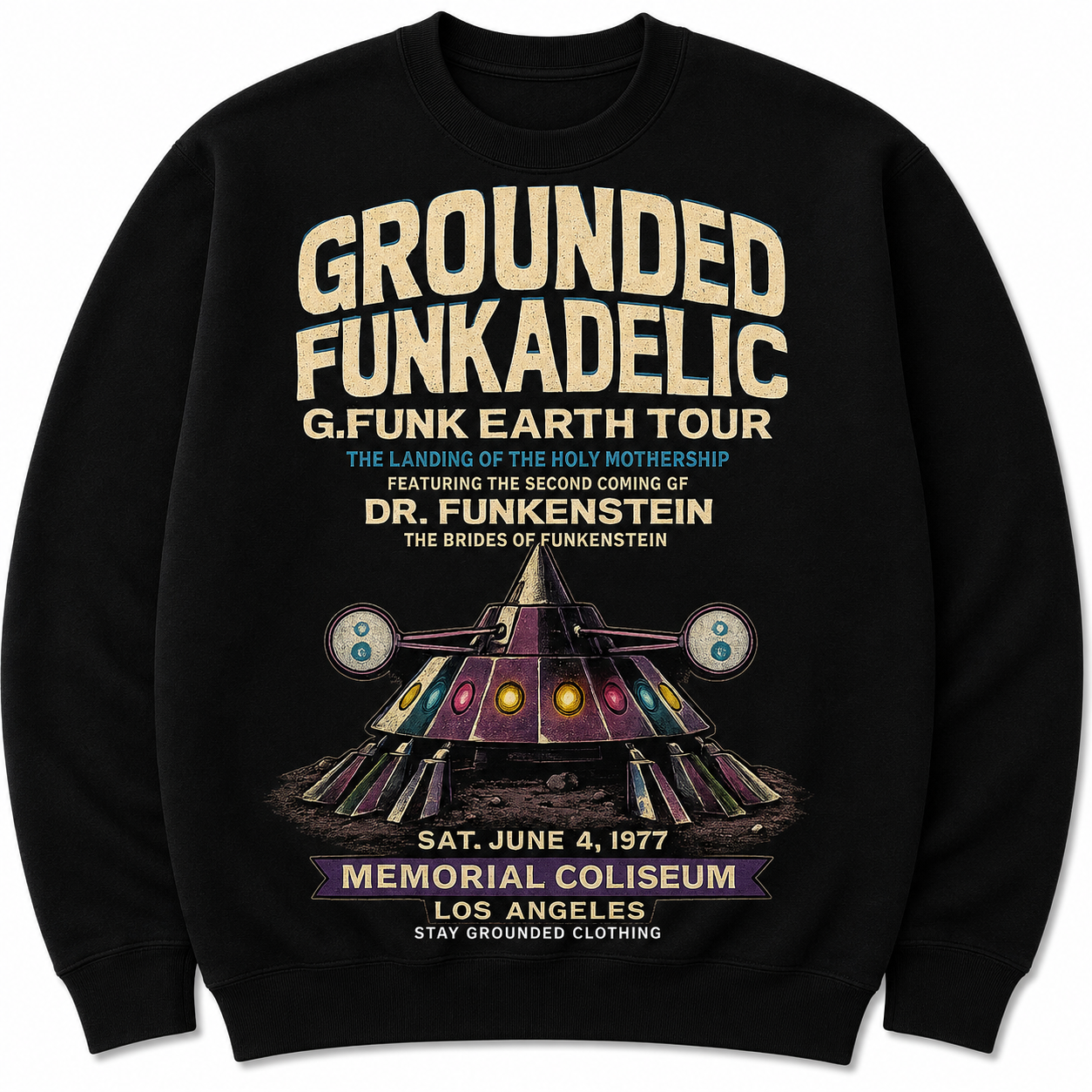 A black crewneck sweatshirt featuring a large vintage concert poster graphic for the band Grounded Funkadelic's G.Funk Earth Tour.