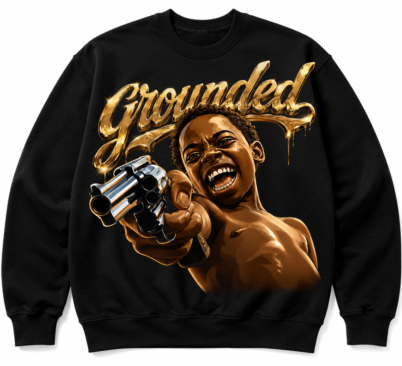 Black Grounded Gold Graphic Crewneck featuring exclusive premium streetwear artwork.