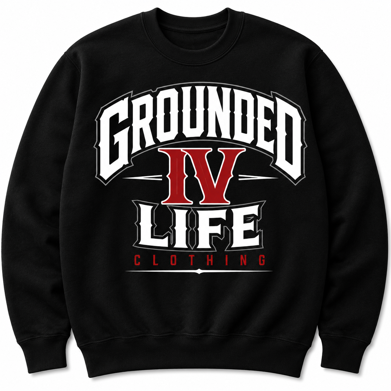 A black crewneck sweatshirt featuring a large graphic print on the front that reads 'GROUNDED IV LIFE CLOTHING' in white and red lettering, displayed against a clean white background.