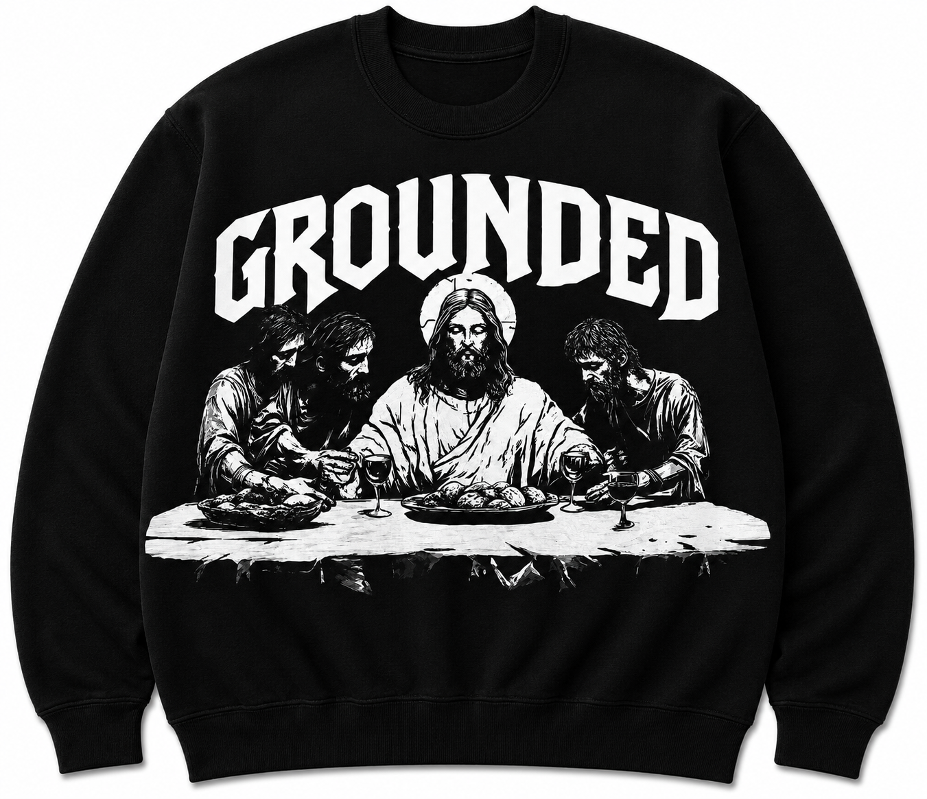 Grounded Last Supper premium black crewneck sweatshirt with exclusive graphic artwork.
