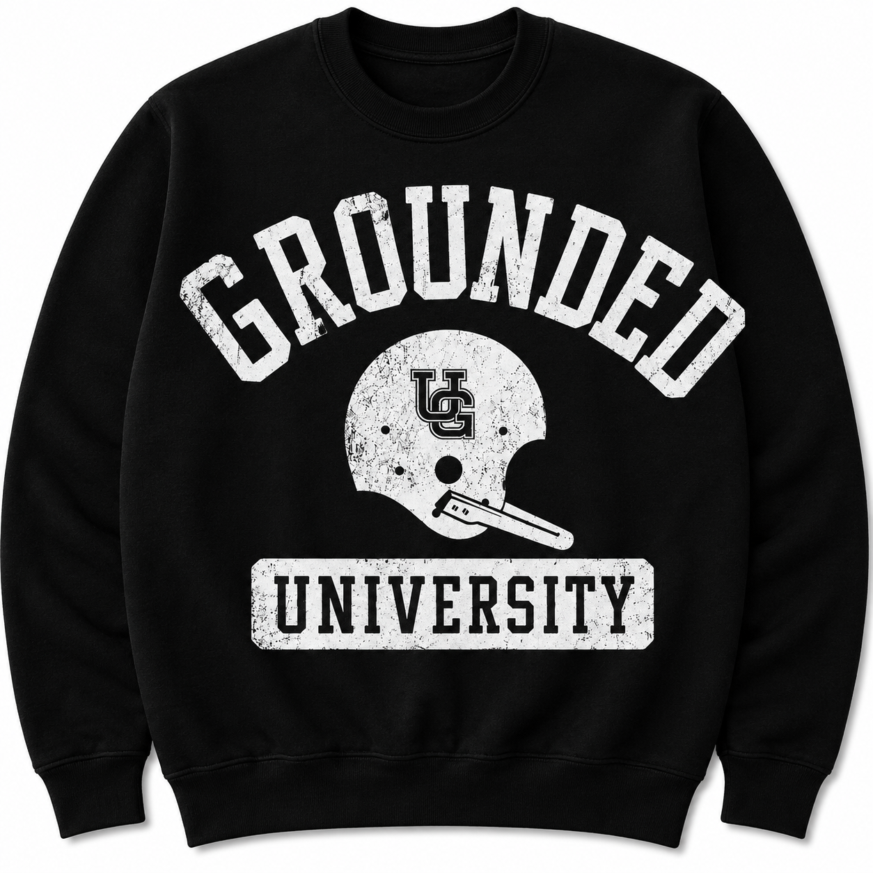 A black crewneck sweatshirt featuring a distressed white graphic print that reads 'GROUNDED UNIVERSITY' with a football helmet.