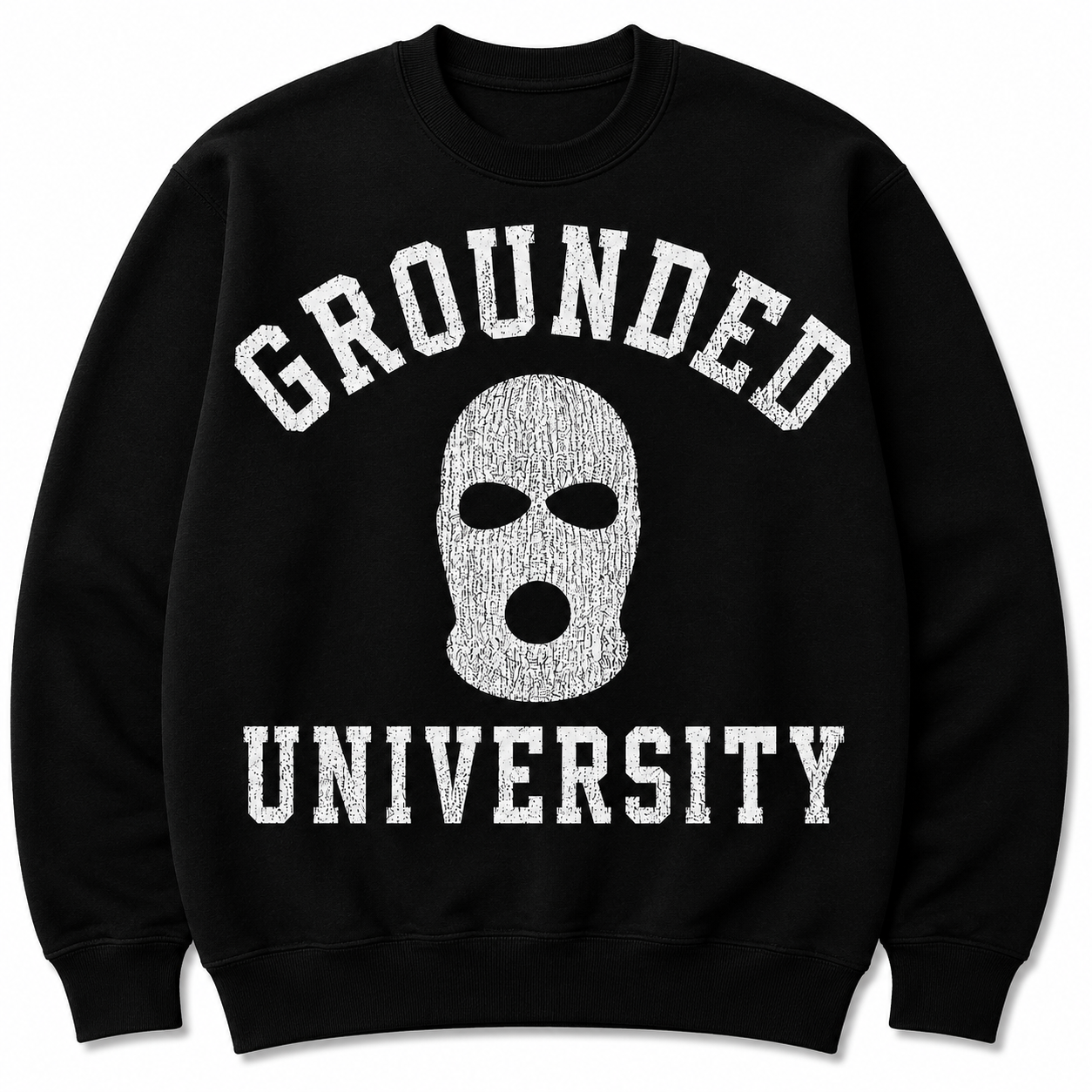 Black Grounded University Ski Mask Crewneck featuring collegiate-inspired streetwear graphic.