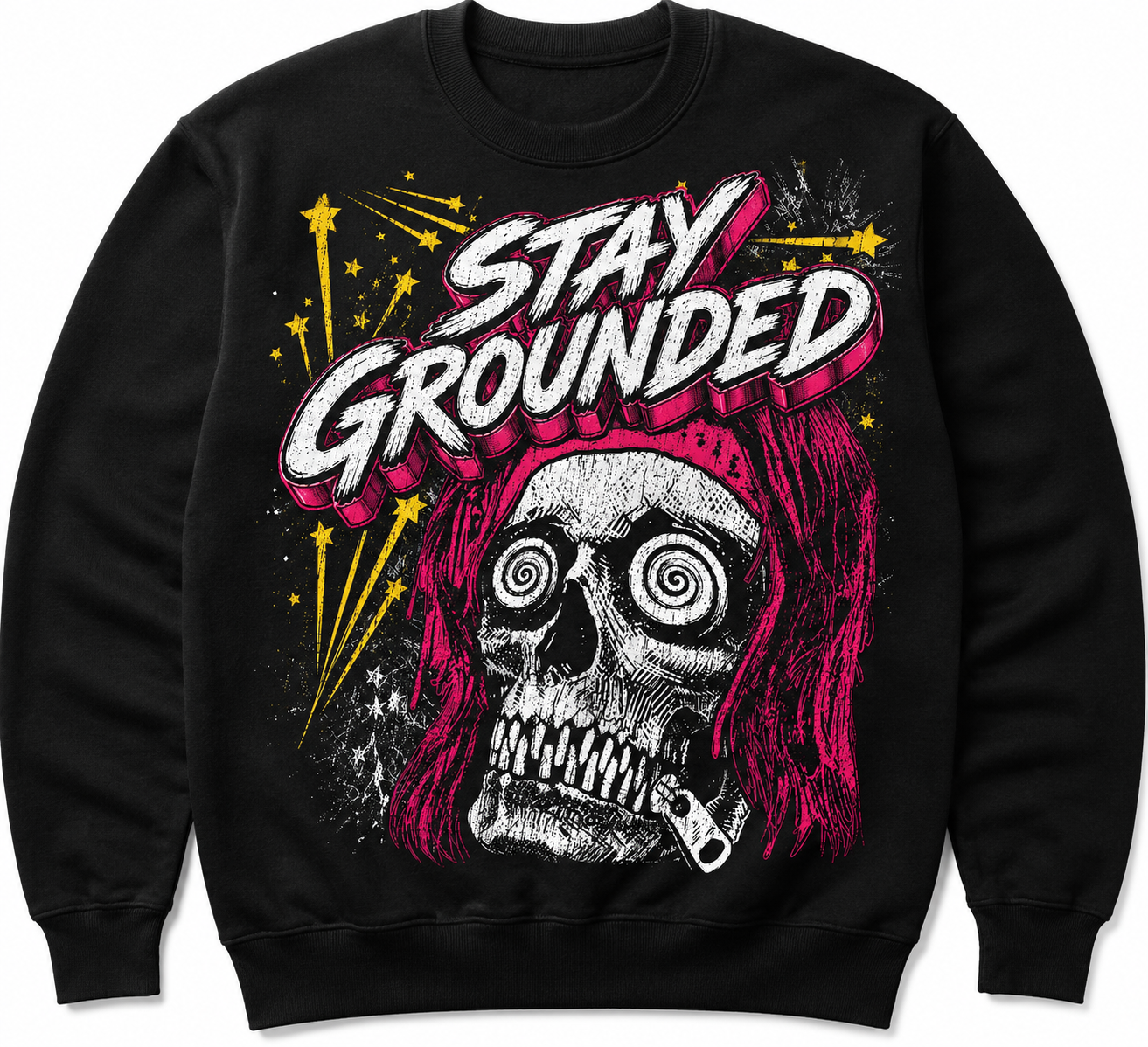 A black crewneck sweatshirt featuring a bold graphic print of a skull with pink hair, a keyhole in its mouth, and the text 'STAY GROUNDED' in white with pink and yellow accents.